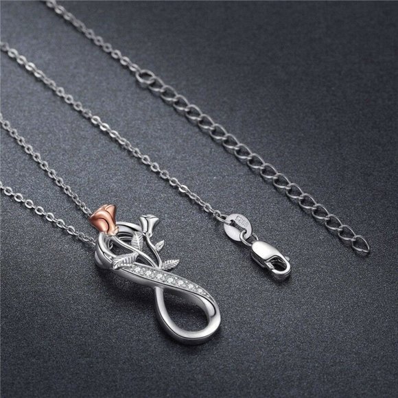 Silver Necklace Infinity Rose Flower Pendant CZ - Picture 3 of 5